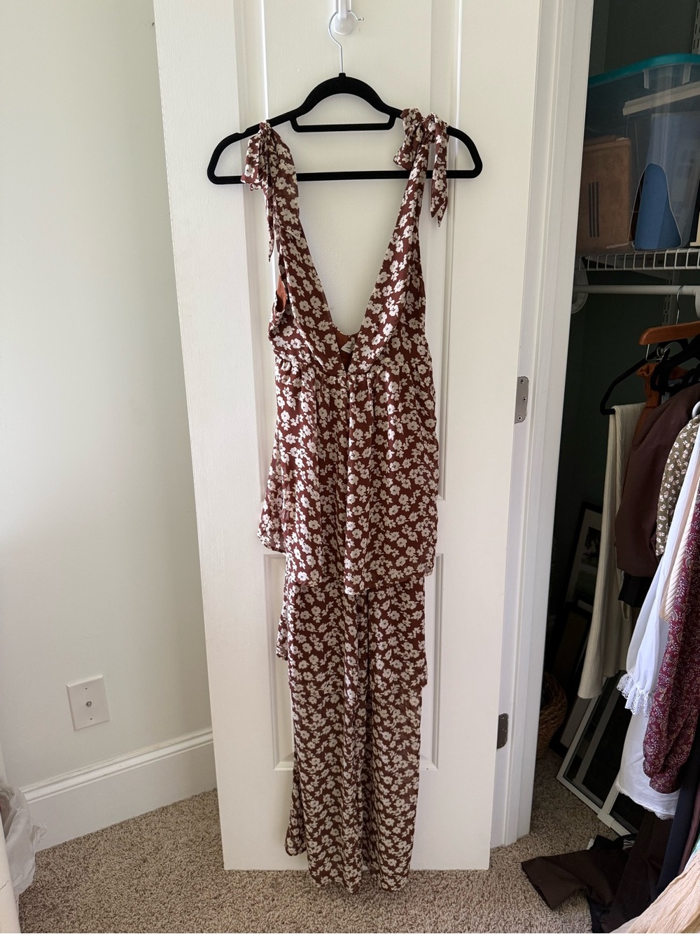 Urban Outfitters Brown Floral Tie-Shoulder Jumpsuit
